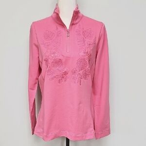 Tommy Bahama Pink Floral Embroidered  1/2 Zip. Terry Knit, New, Size Med